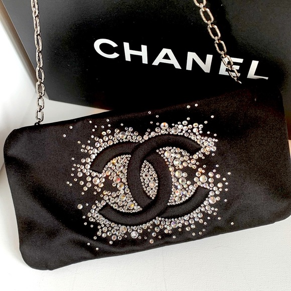 CHANEL 🖤 Rare Diamonte Swarovski Crystal Studded CC Black Satin Silk Chain Bag - Picture 7 of 16